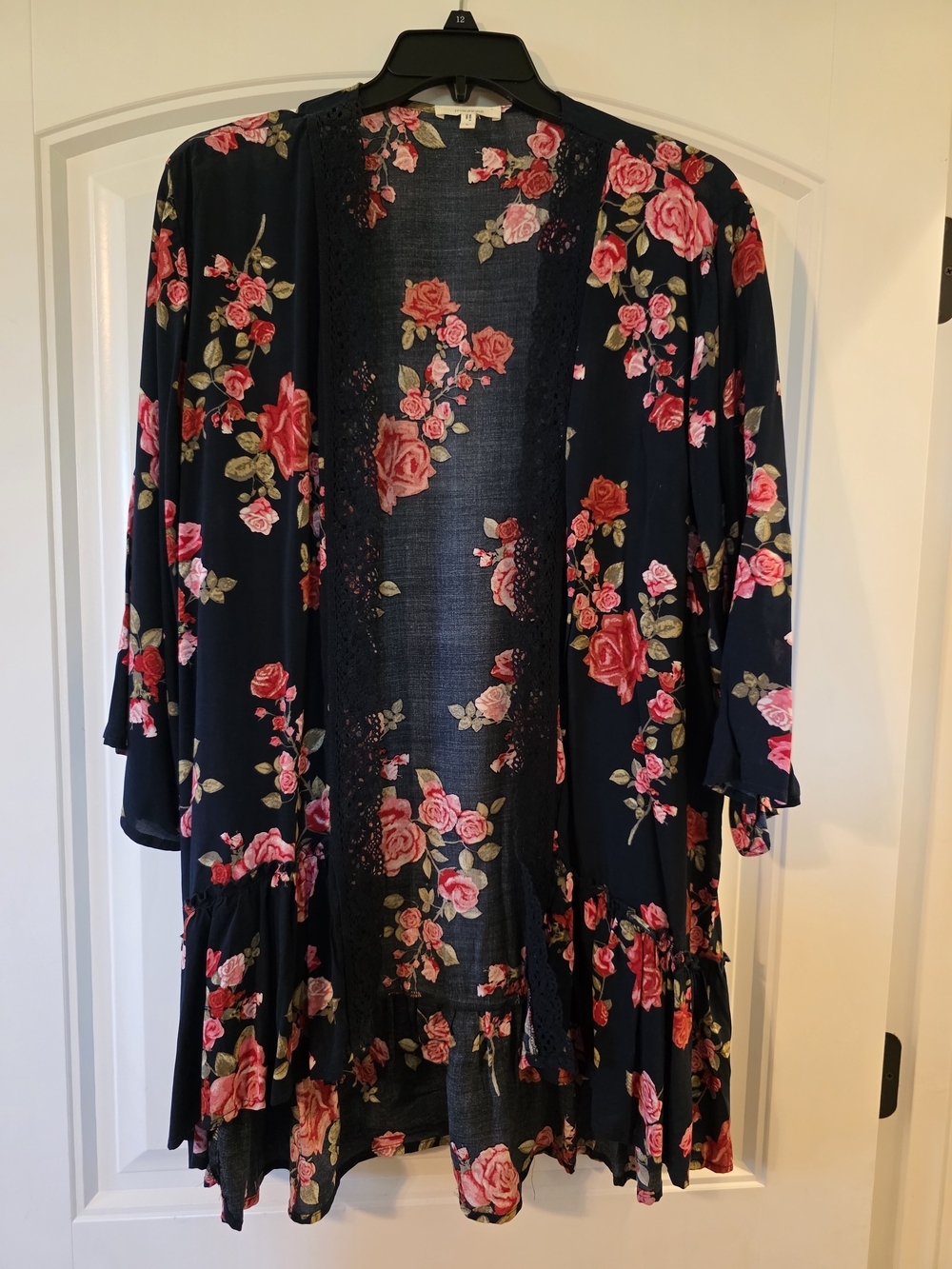 Maurices Navy Floral Open Kimono Cardigan
